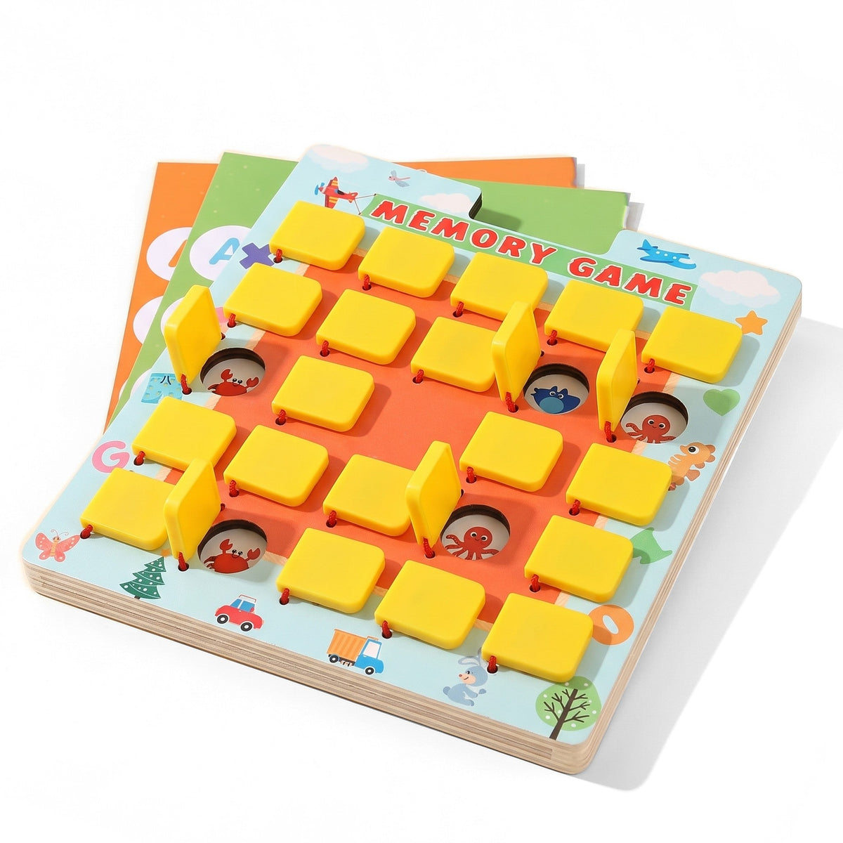 Memory Bloom Set: a wooden Memory Game board with yellow flaps, some lifted to show a crab and an octopus, and cards behind