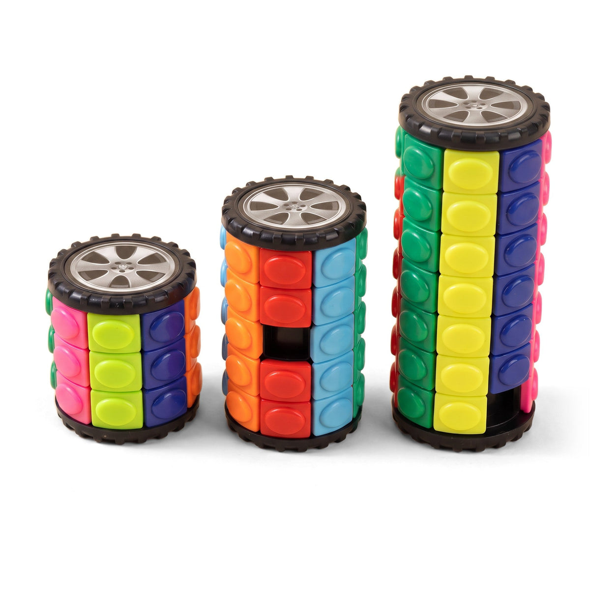 PuzzleSphere: three tube-shaped twist-and-slide color puzzles with 3, 5 and 7 rows, each topped with a toy car wheel