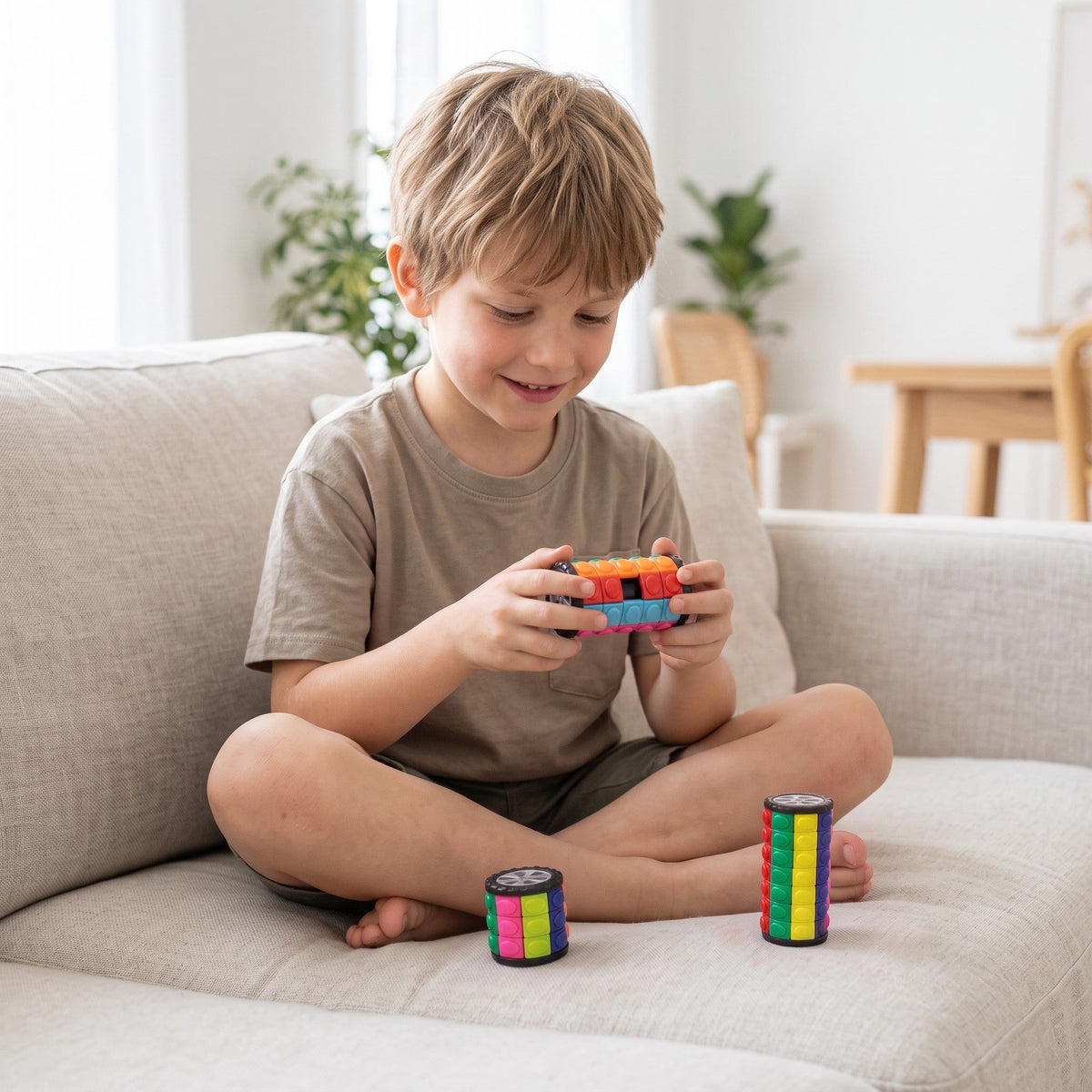 A smiling child sits cross-legged on a sofa turning one puzzle, with the short and tall puzzles standing beside them