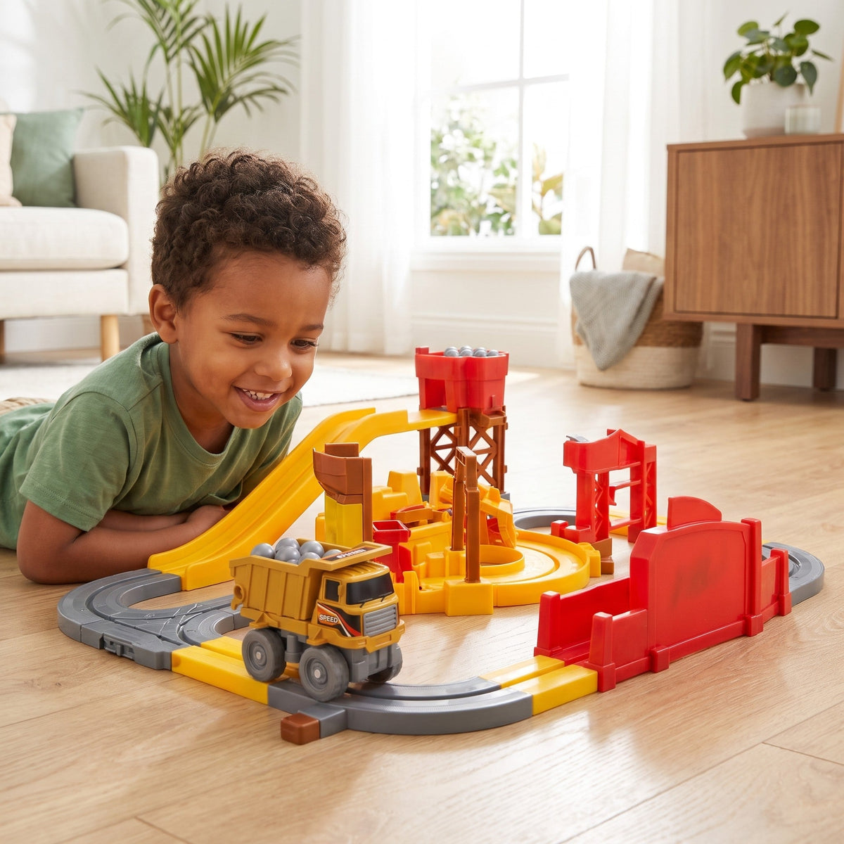 A smiling child lies on the floor next to the set, with the dump truck full of grey balls on the track by the loading station