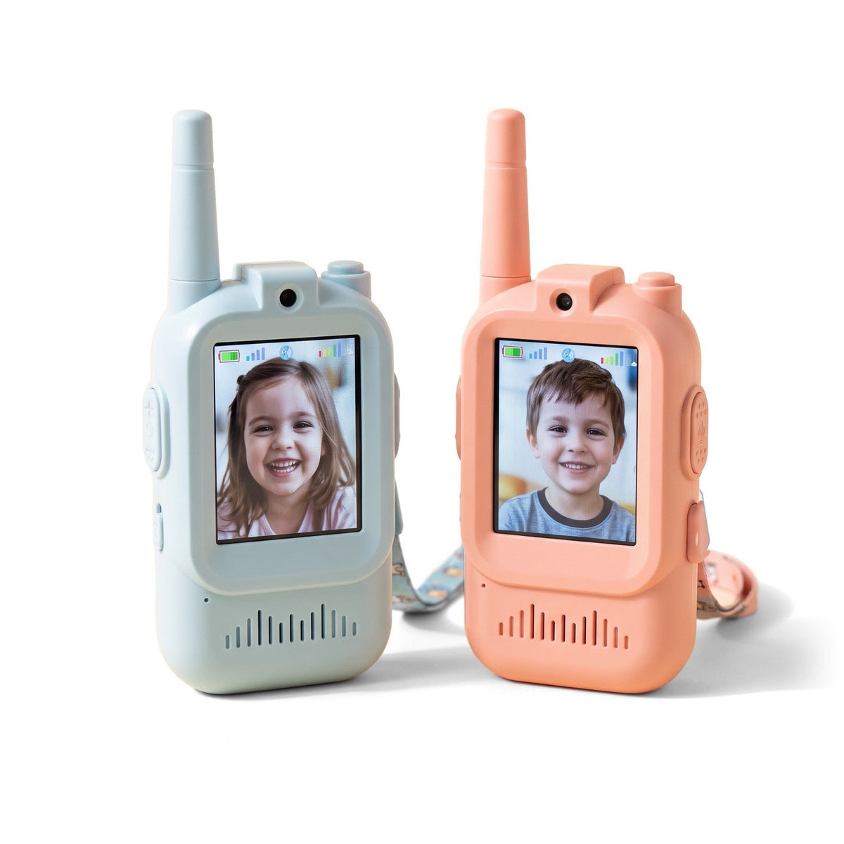 SnapTalk Duo Video Walkie-Talkies: one pale blue, one peach, each with an antenna, camera and screen showing a smiling child