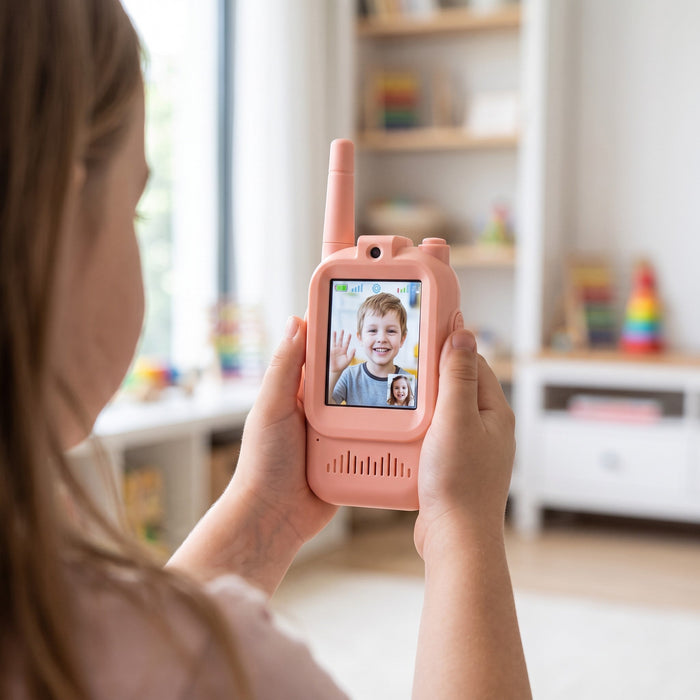A child holds the peach walkie-talkie in both hands during a video call, its screen showing a smiling child waving