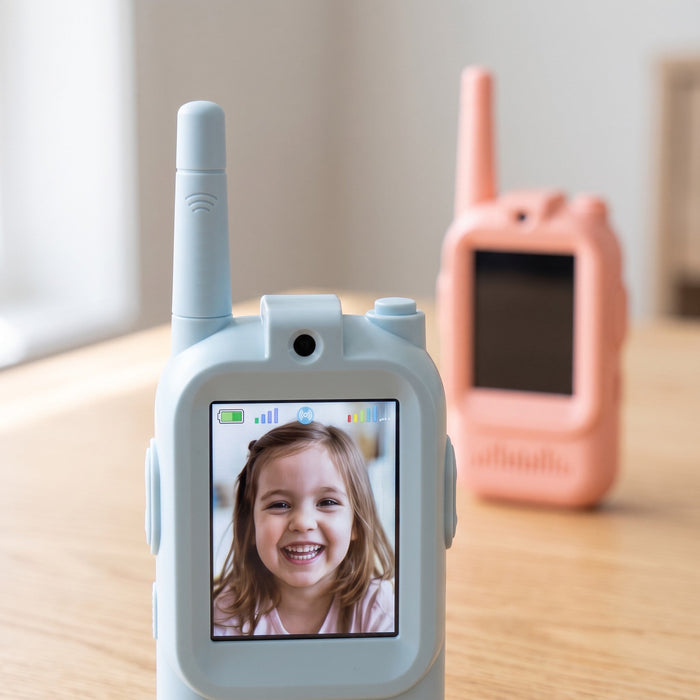 The pale blue walkie-talkie up close: antenna, front camera and a screen showing a smiling child, with the peach one behind