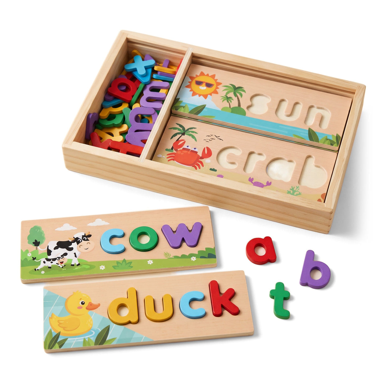 Spell & Play: a wooden box of colorful letters and picture cards with letter-shaped slots, with cow and duck spelled out