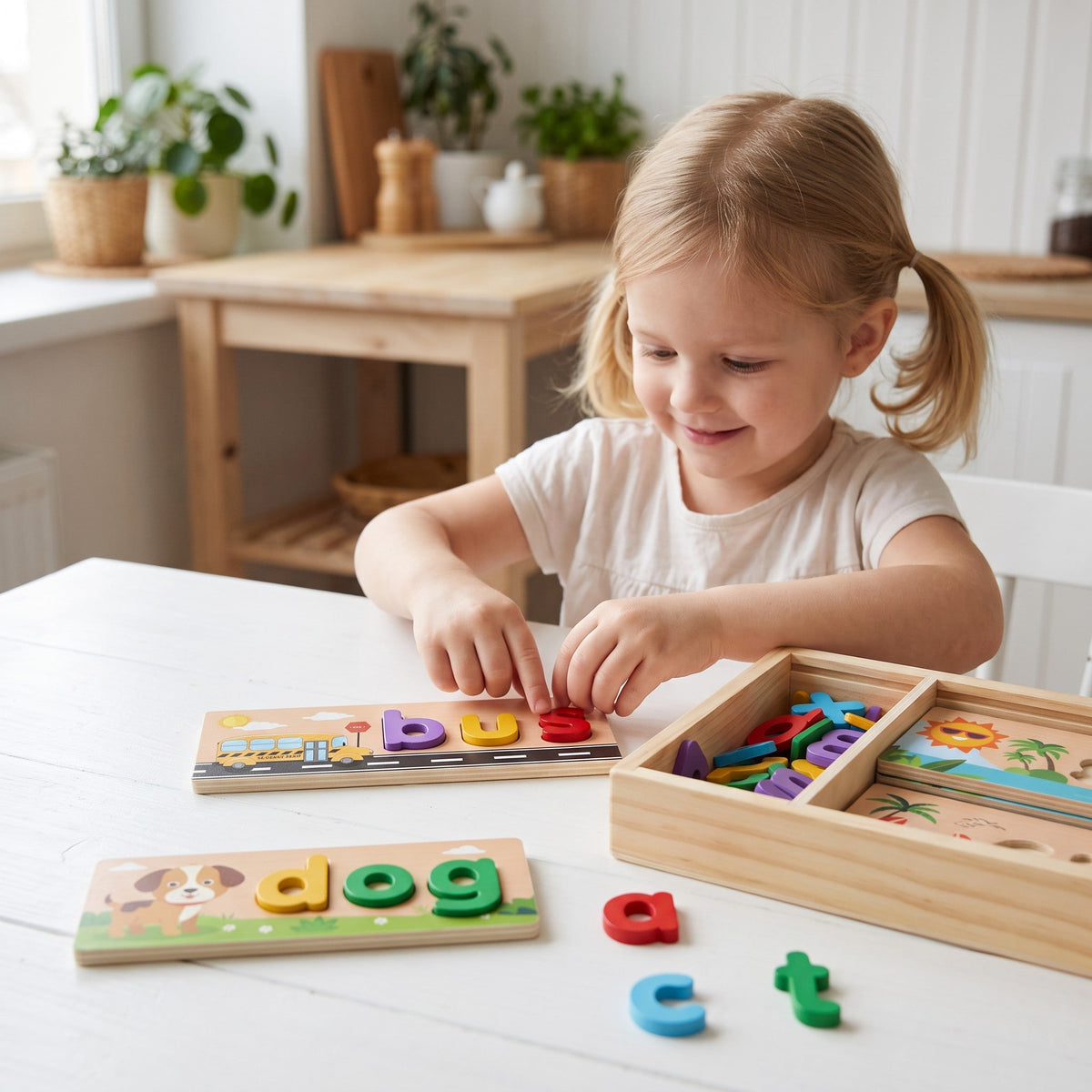 A smiling child spells bus on a picture card at a table, next to a finished dog card and the open box of letters