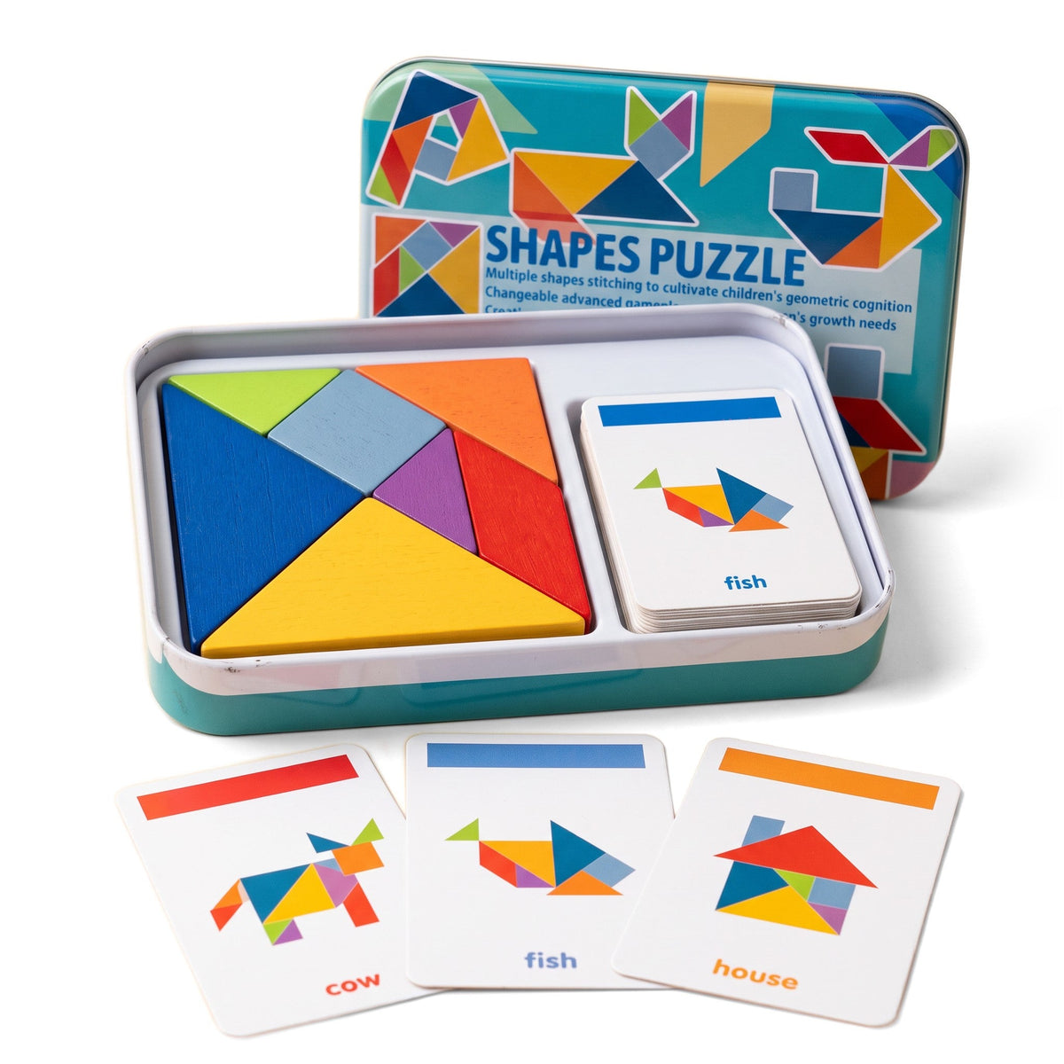 Smart Shapes Tangram Puzzle: seven colored wooden pieces fitted into a square in an open tin, with cow, fish and house cards
