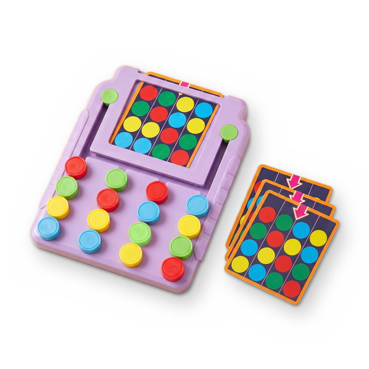 Tic-Tac Color Quest: a purple board with four columns of colored discs, a pattern card in its window and three more cards.