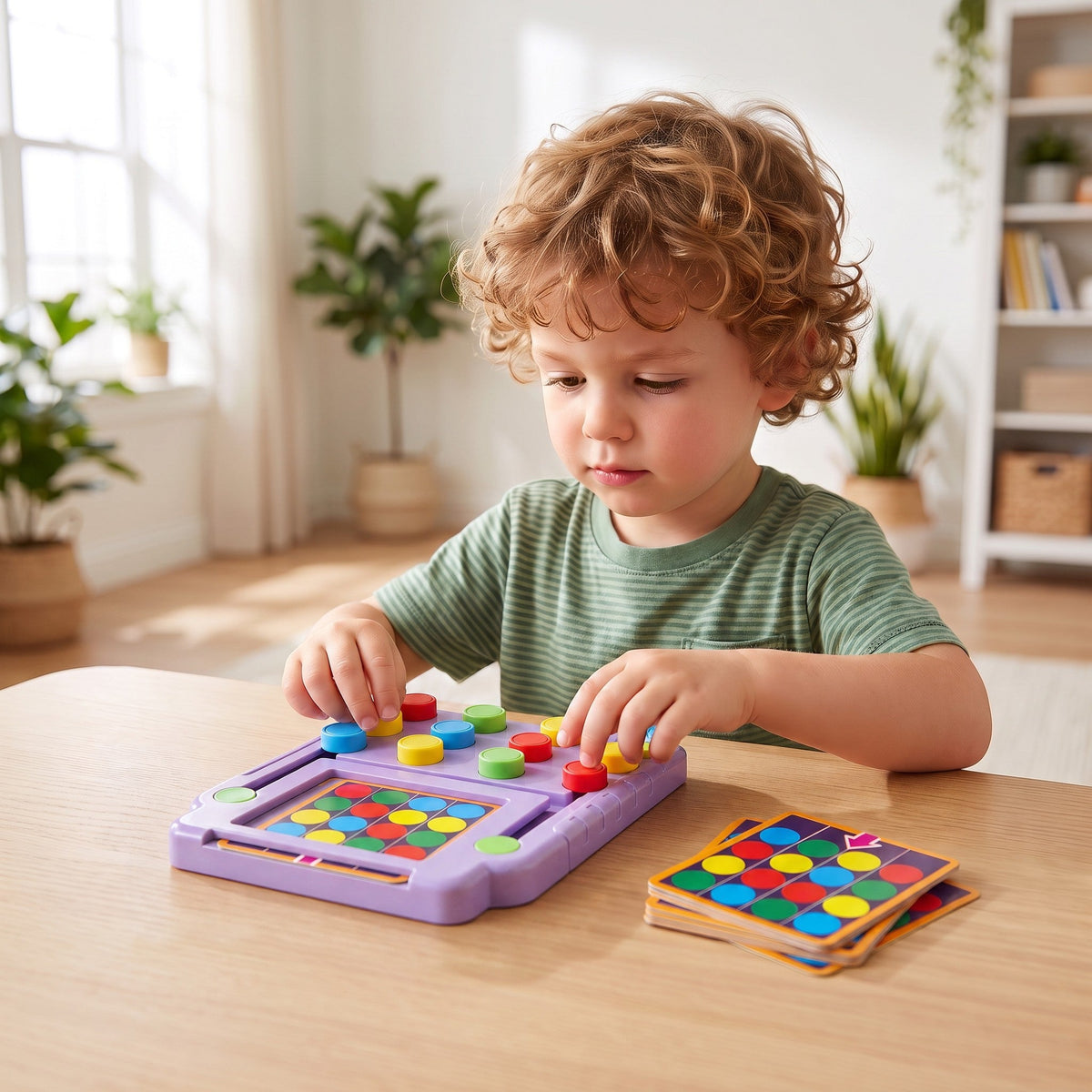 A child moves the colored discs on the board with both hands, with a stack of pattern cards beside it.