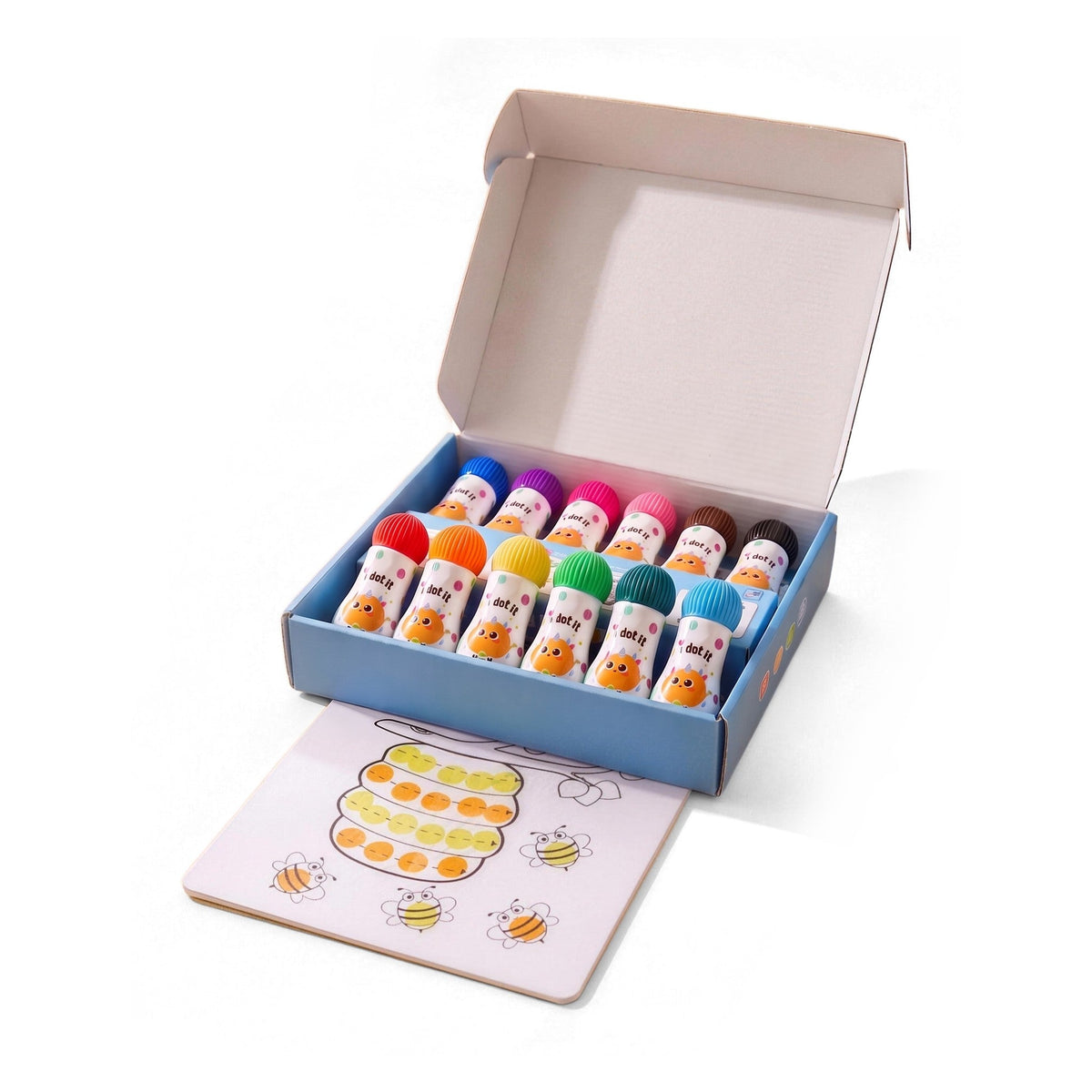 TinyDots Toddler Art Kit: an open box of 12 dot markers in different colors, with a beehive activity sheet filled with dots