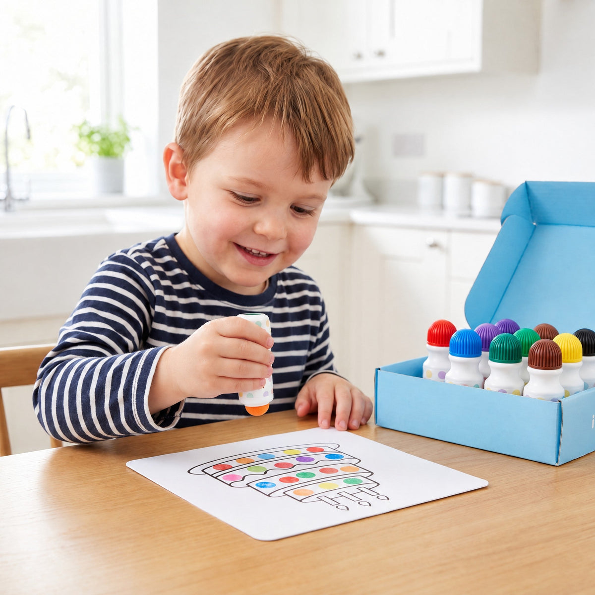 A smiling child dots a layered cake picture with a marker at a kitchen table, next to the open box of markers