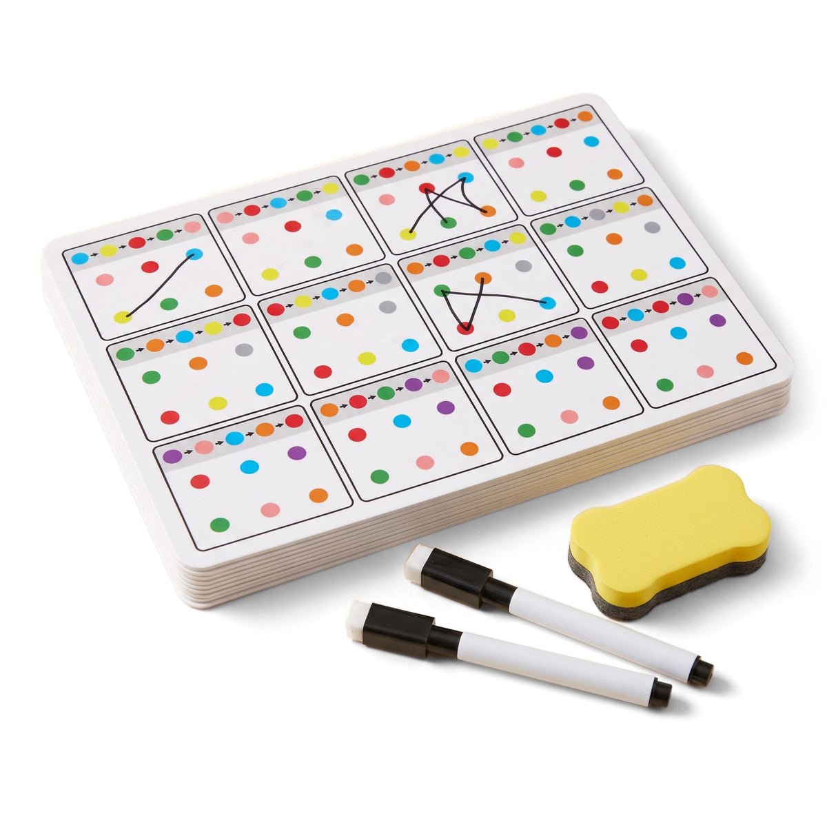 Visual Quest Cards: a stack of puzzle cards for joining colored dots in order, with two black markers and a yellow eraser.