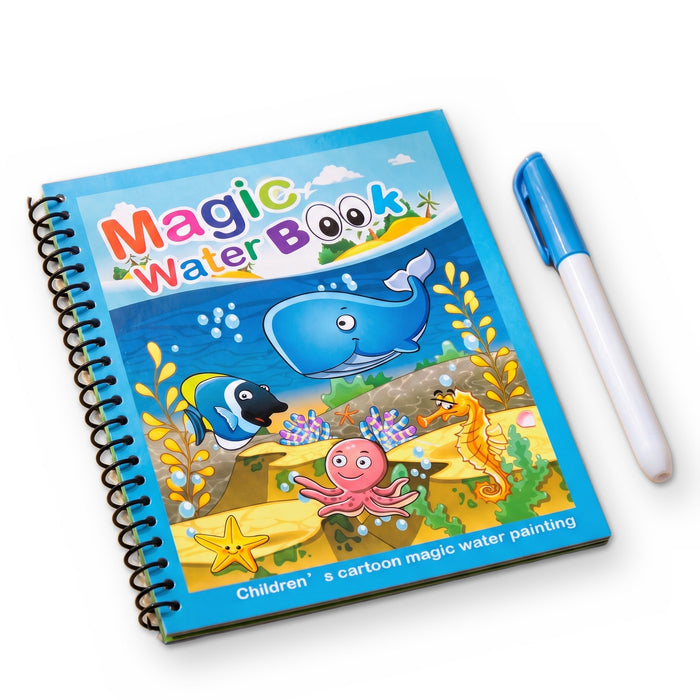 The blue sea life book, with a whale, an octopus, a seahorse and fish on the cover, next to a water pen with a blue cap