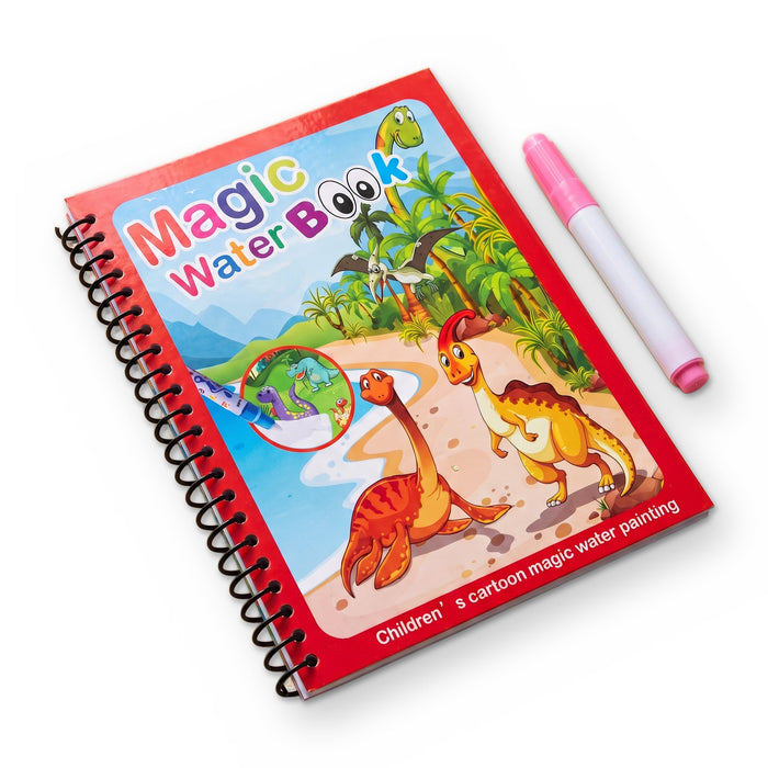The red dinosaur book, with cartoon dinosaurs on a beach with palm trees on the cover, next to a water pen with a pink cap
